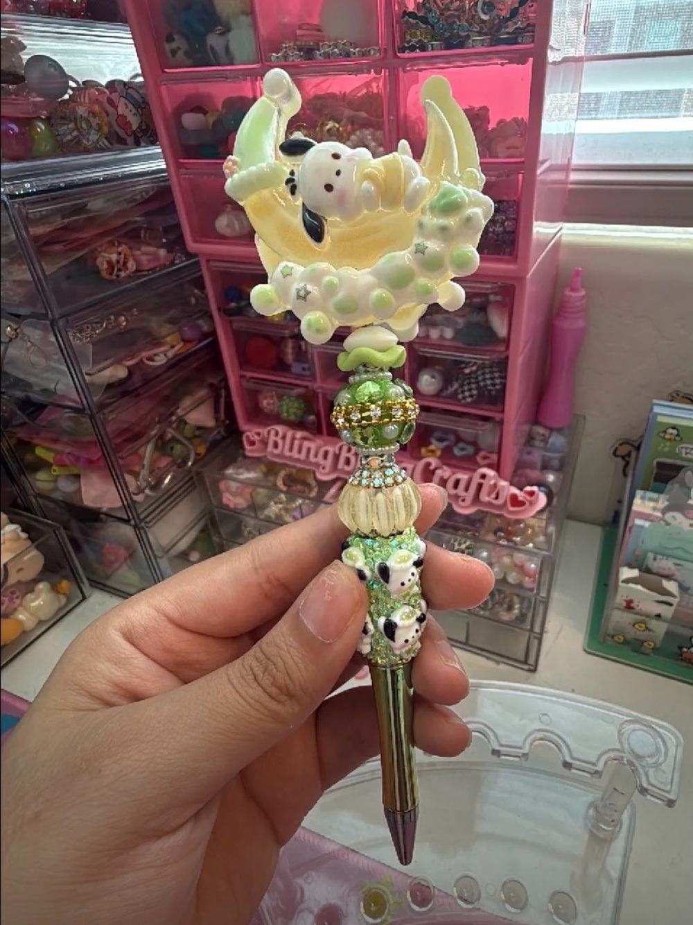 Sanrio Green and Cream Decorative Moon Puppy Beaded Pen